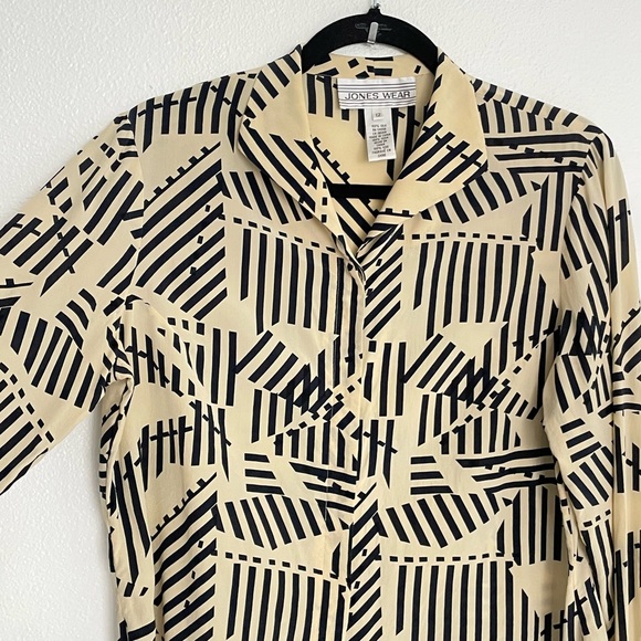 Vintage Silk Jones New York Beige Navy Blue Abstract Print Button Down Blouse - Picture 2 of 10